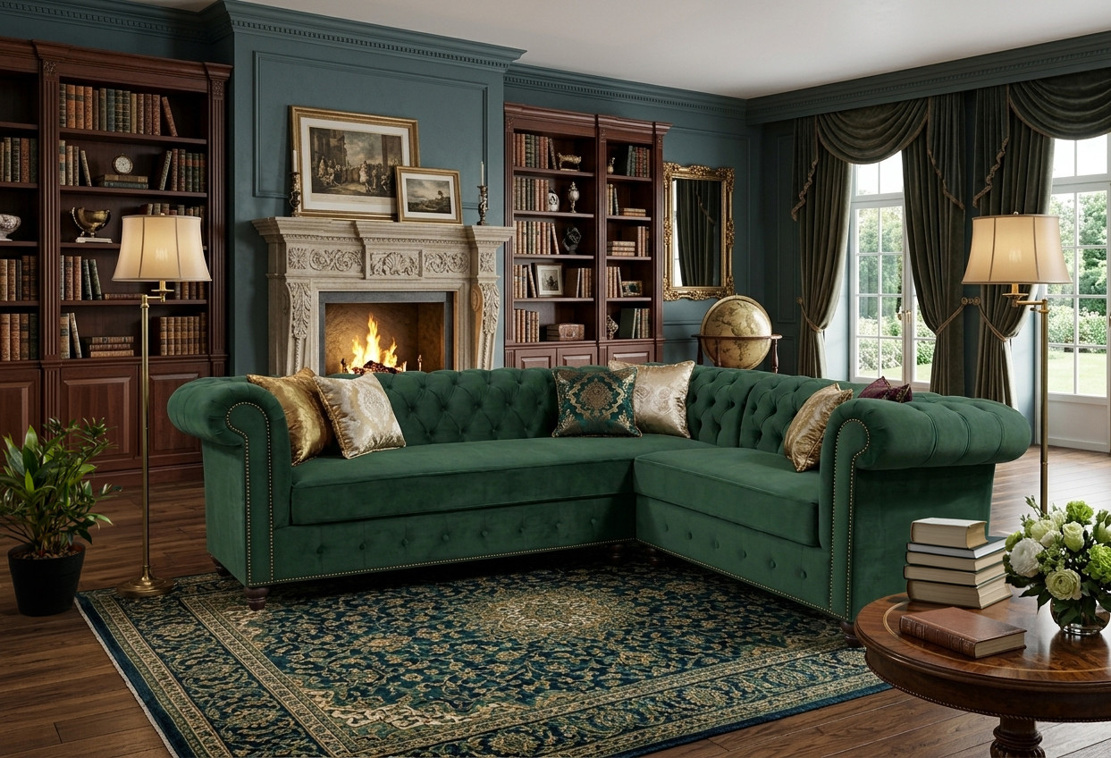 sofa narożna Chesterfield w stylowym aleganckim salonie z kominkiem i sztukaterią