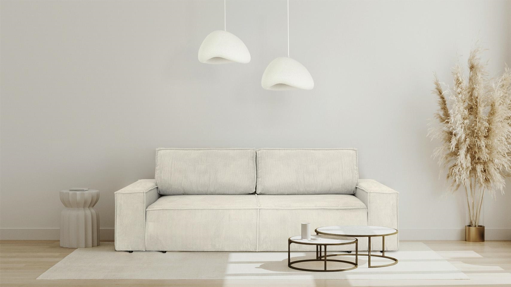 sztruksowa sofa z funkcją spania i z pojnikiem pillow beżowa