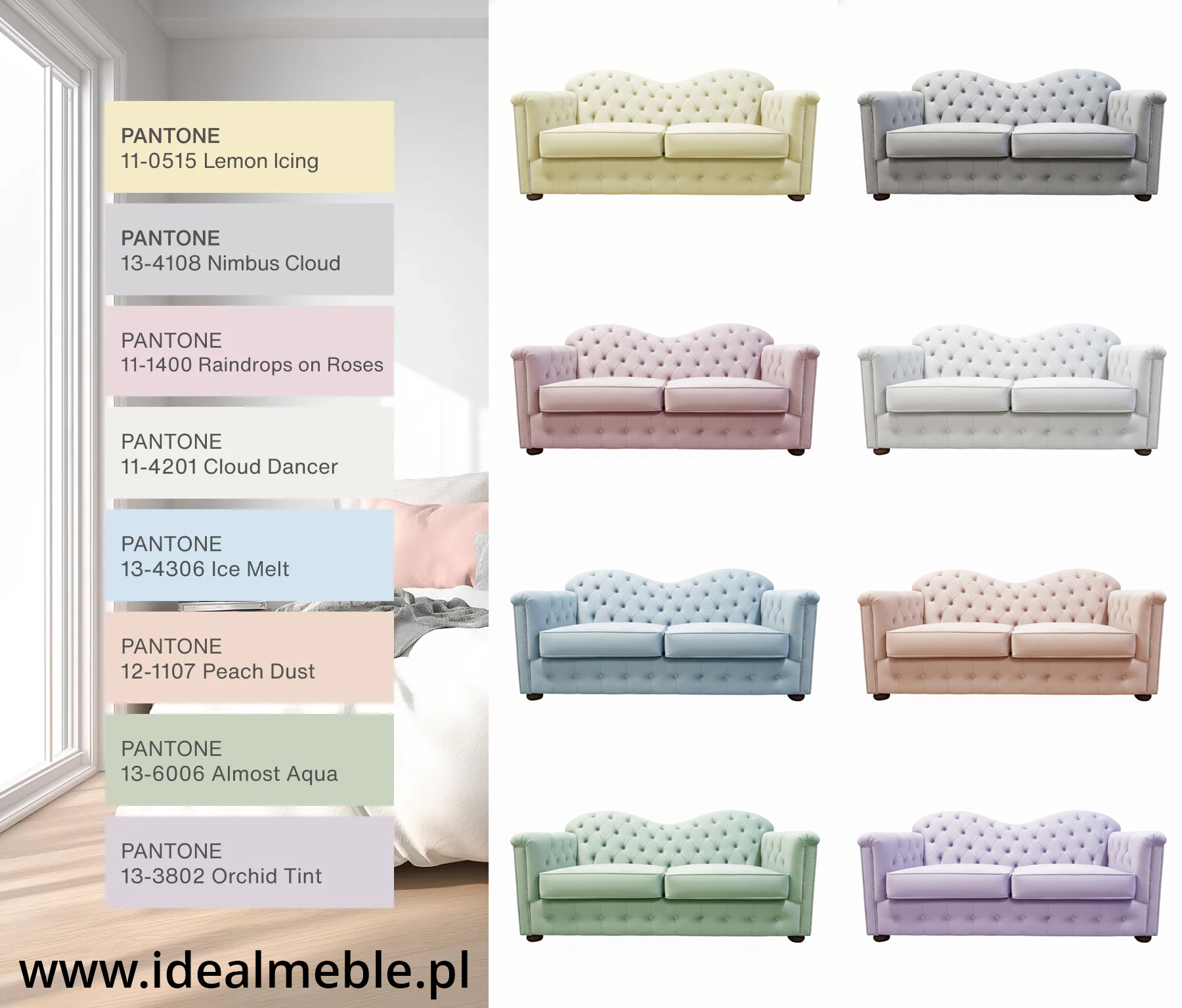 Sofa Chesterfield z funkcją spania w kolorach Pantone 2026 Mondelebrity 3 os. | IdealMeble.pl