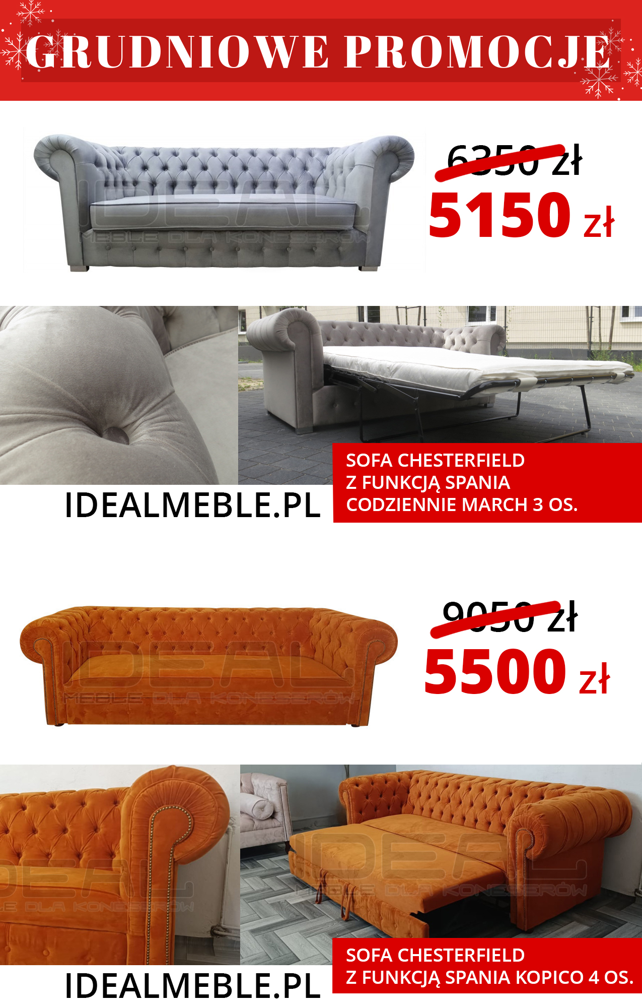 Promocja na rozkładane sofy chesterfield z f. spania w IdealMeble.pl