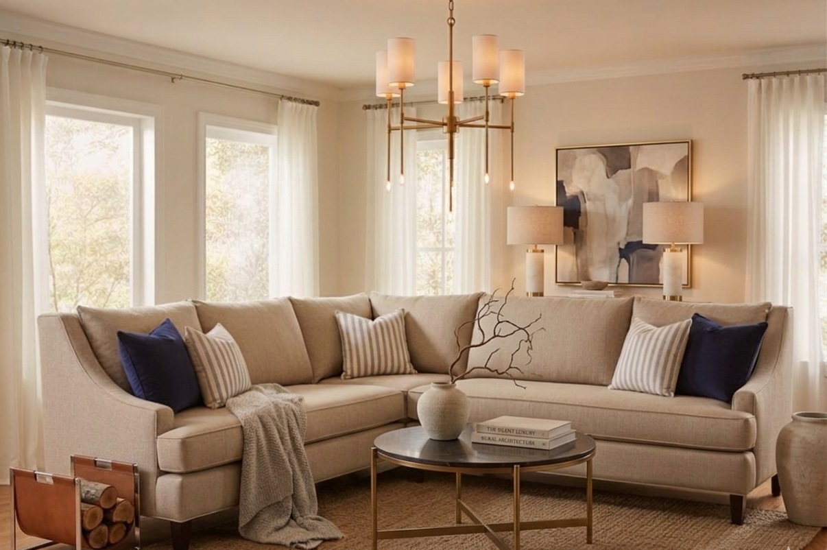 Aranżacja przytulnego salonu w stylu marynistycznym pod ciepłym oświetleniem, z jasną sofą modułową i marynistycznymi dodatkami