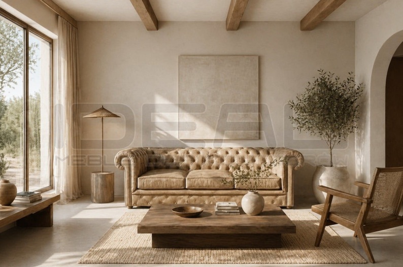 Sofa Chesterfield odpowiada na aktualny trend, klienci chętnie wybierają naturalne beże i brązy, a całość nawiązuje do stylu scandi czy japandi. IdealMeble.pl