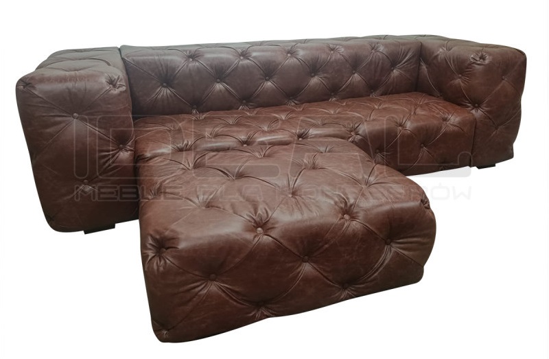 Sofa z pufą jak narożnik Chesterfield Moon skóra naturalna IdealMeble.pl
